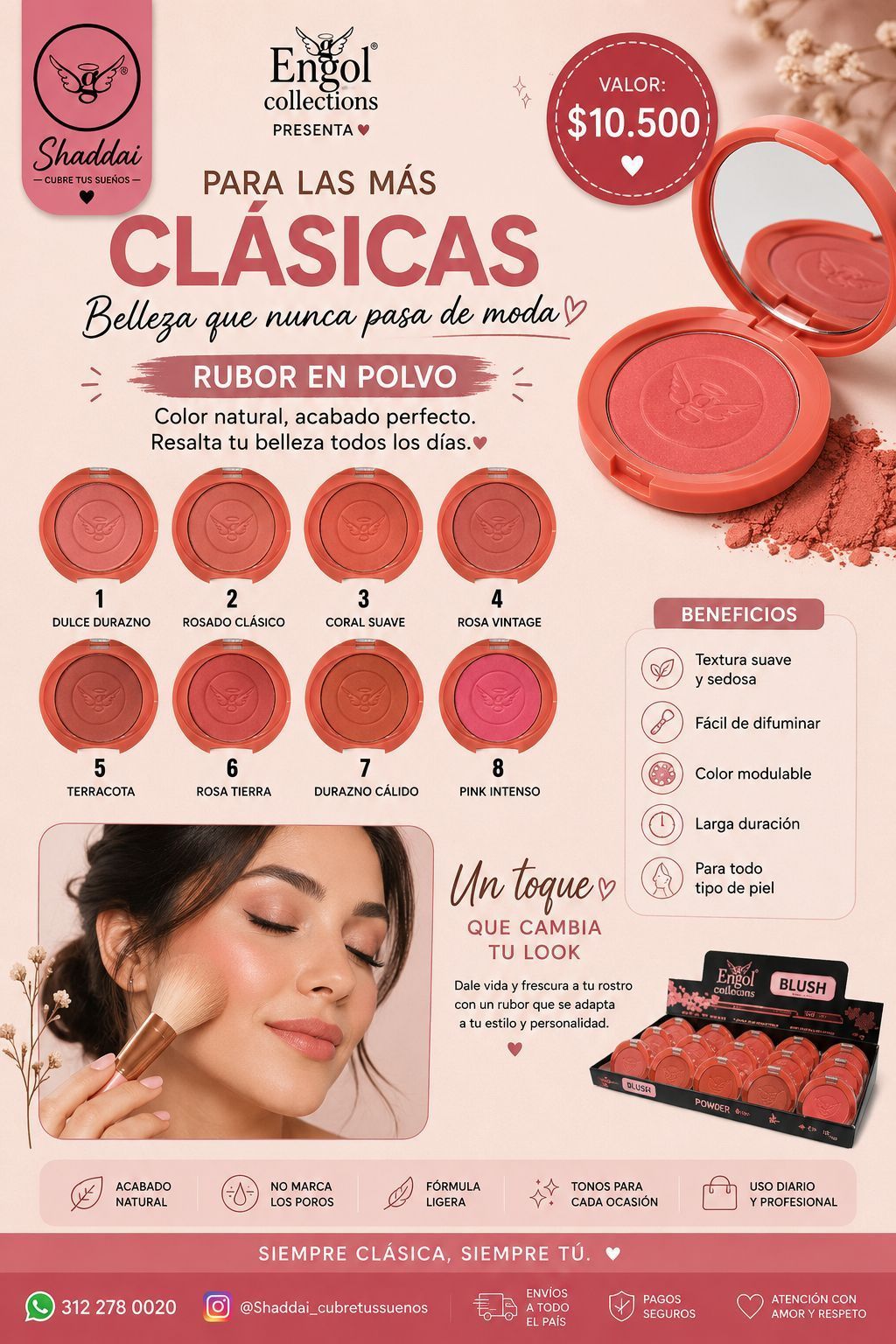 Póster promocional de cosméticos Emol, con tonos clásicos de colorete en tonos rosados.