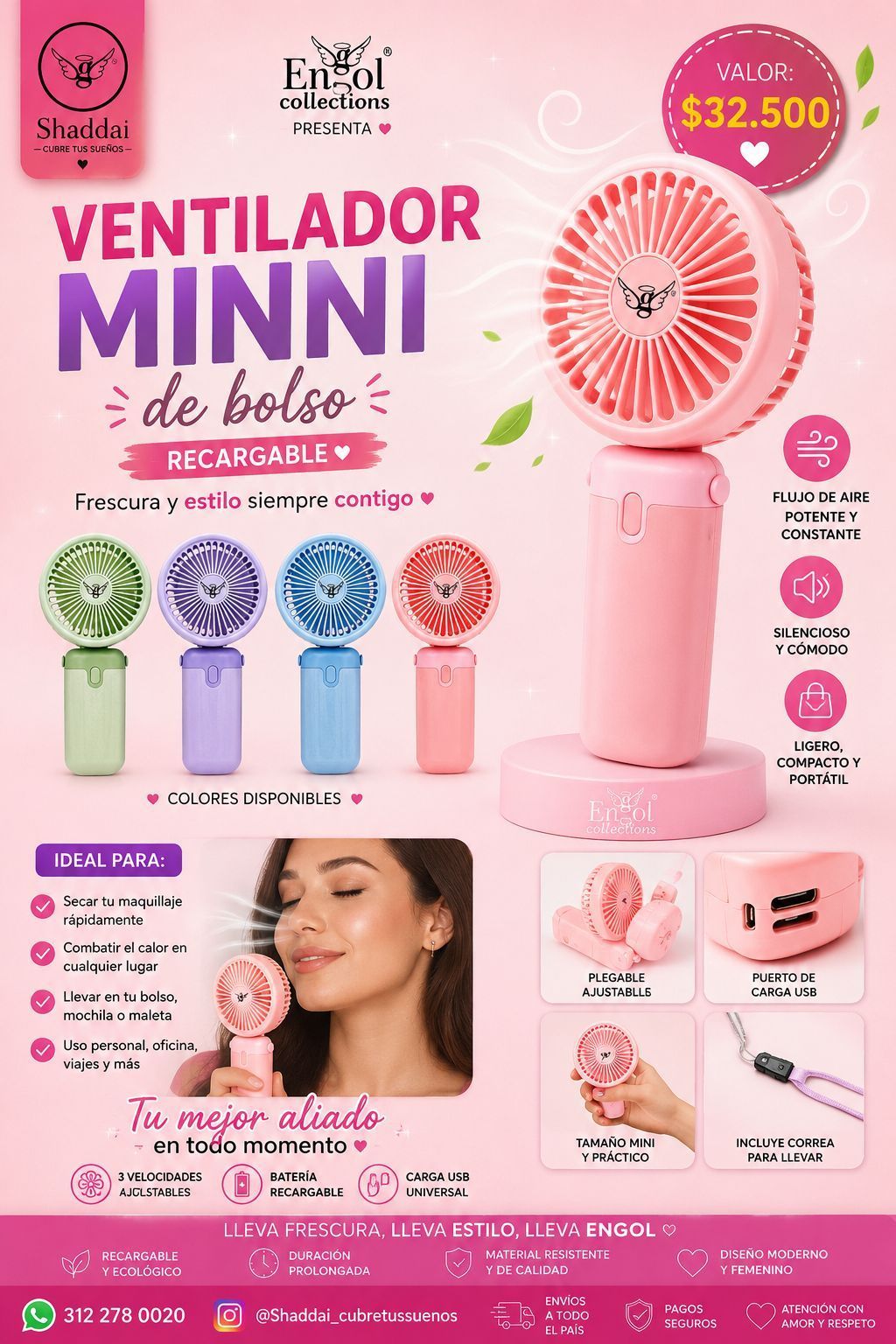Cartel promocional de un mini ventilador de mano rosa con varios colores y detalles de precio, en español.