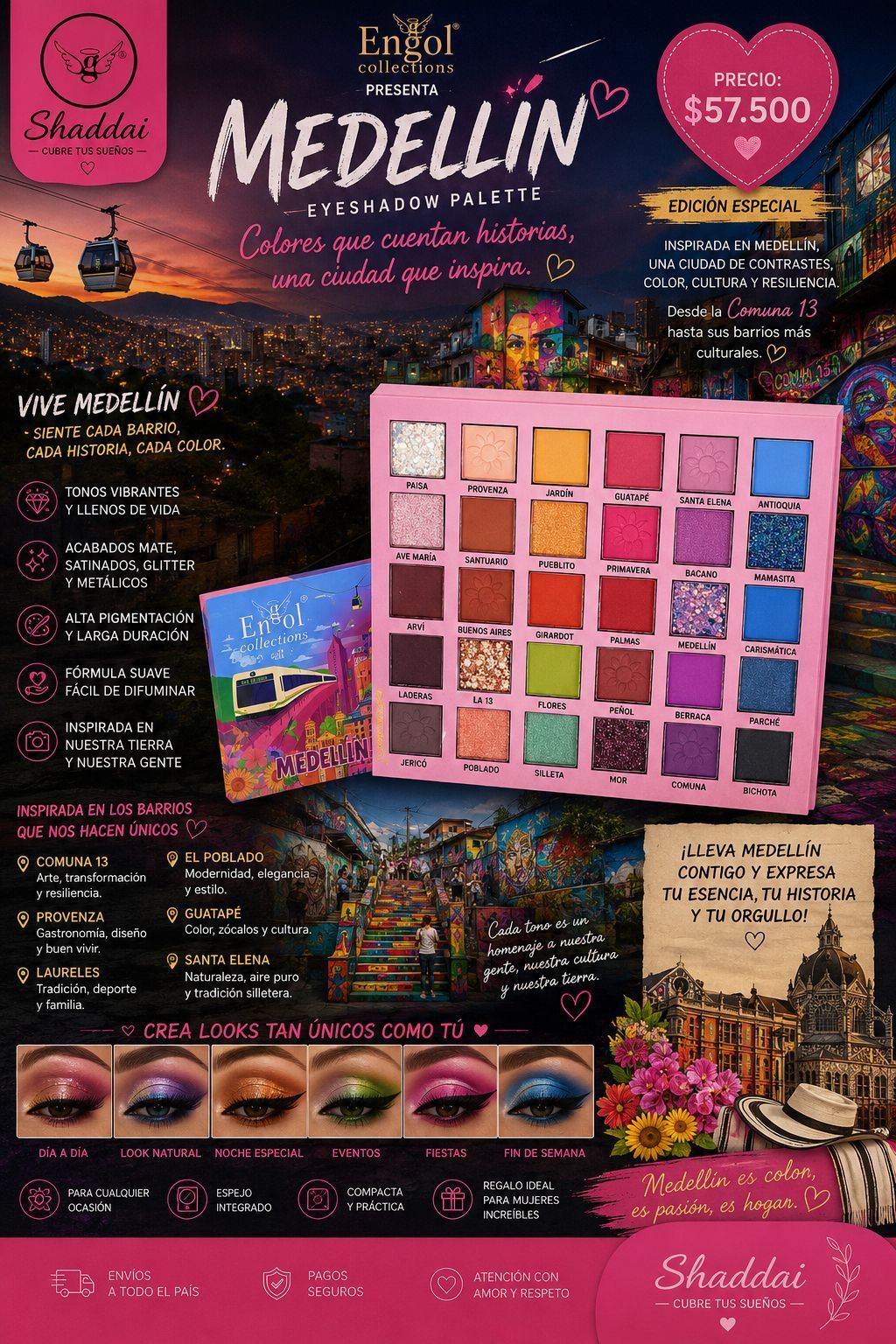 Anuncio de la paleta de sombras de ojos Medellín con 35 tonos brillantes, un colorido fondo urbano y looks de maquillaje.