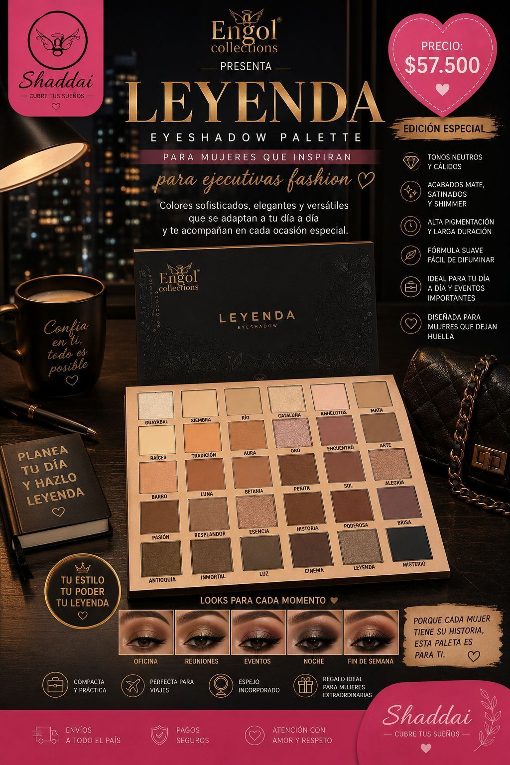 Póster promocional de la paleta de sombras de ojos Leyenda en negro y dorado con insignias de rebajas rosas .