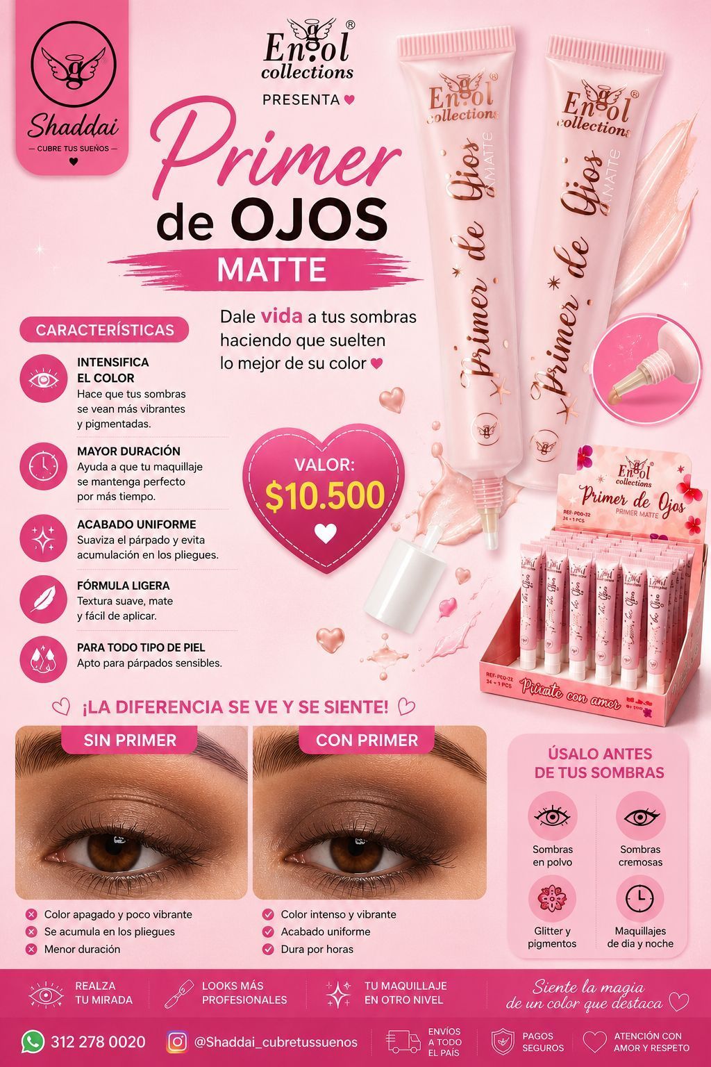 Anuncio de cosméticos Pink para una prebase de ojos mate, con tubos, aplicador, muestras y fotos de ojos antes y después.