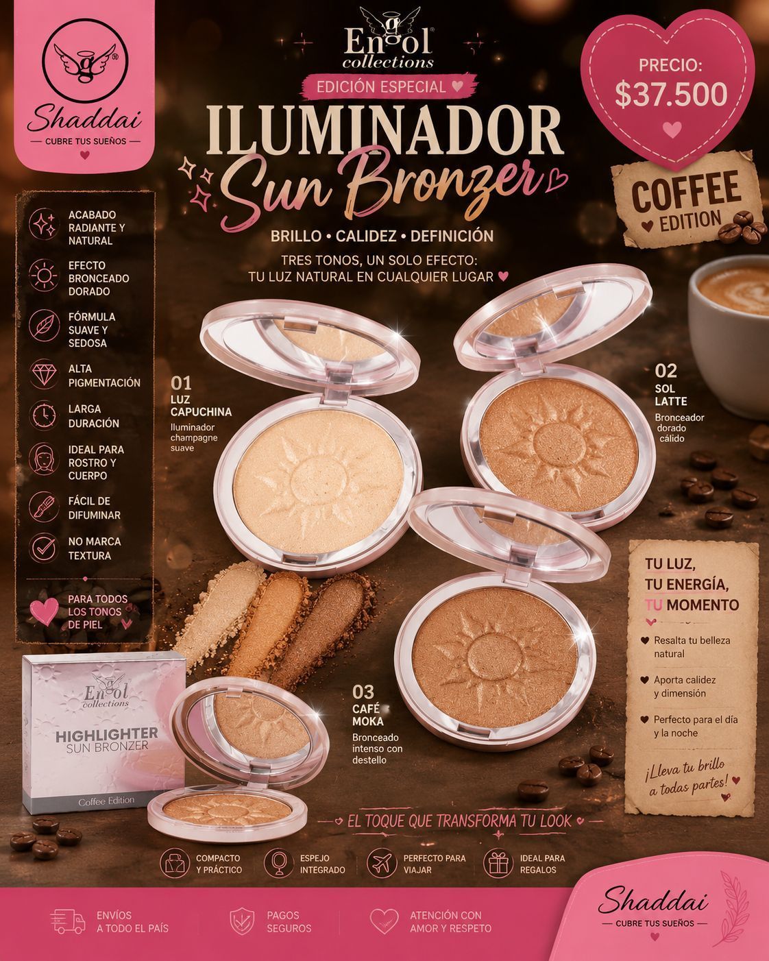 Póster promocional de maquillaje rosa para Illuminator Sun Bronzer con estuches de bronceador, brocha y taza de café.