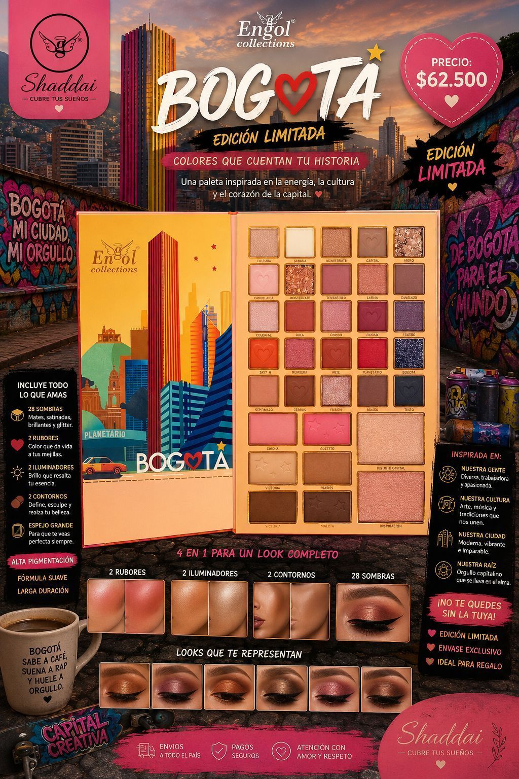 Promoción de paleta de maquillaje con tonos rosa, dorado y marrón, muestras de labiales y texto llamativo de oferta BOGO.