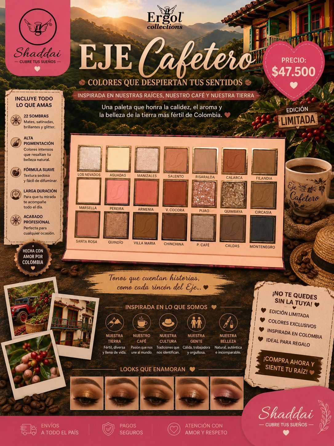 Paleta de sombras de ojos EJE Cafetero con 15 tonos cálidos y envase con temática de café sobre un fondo rústico.