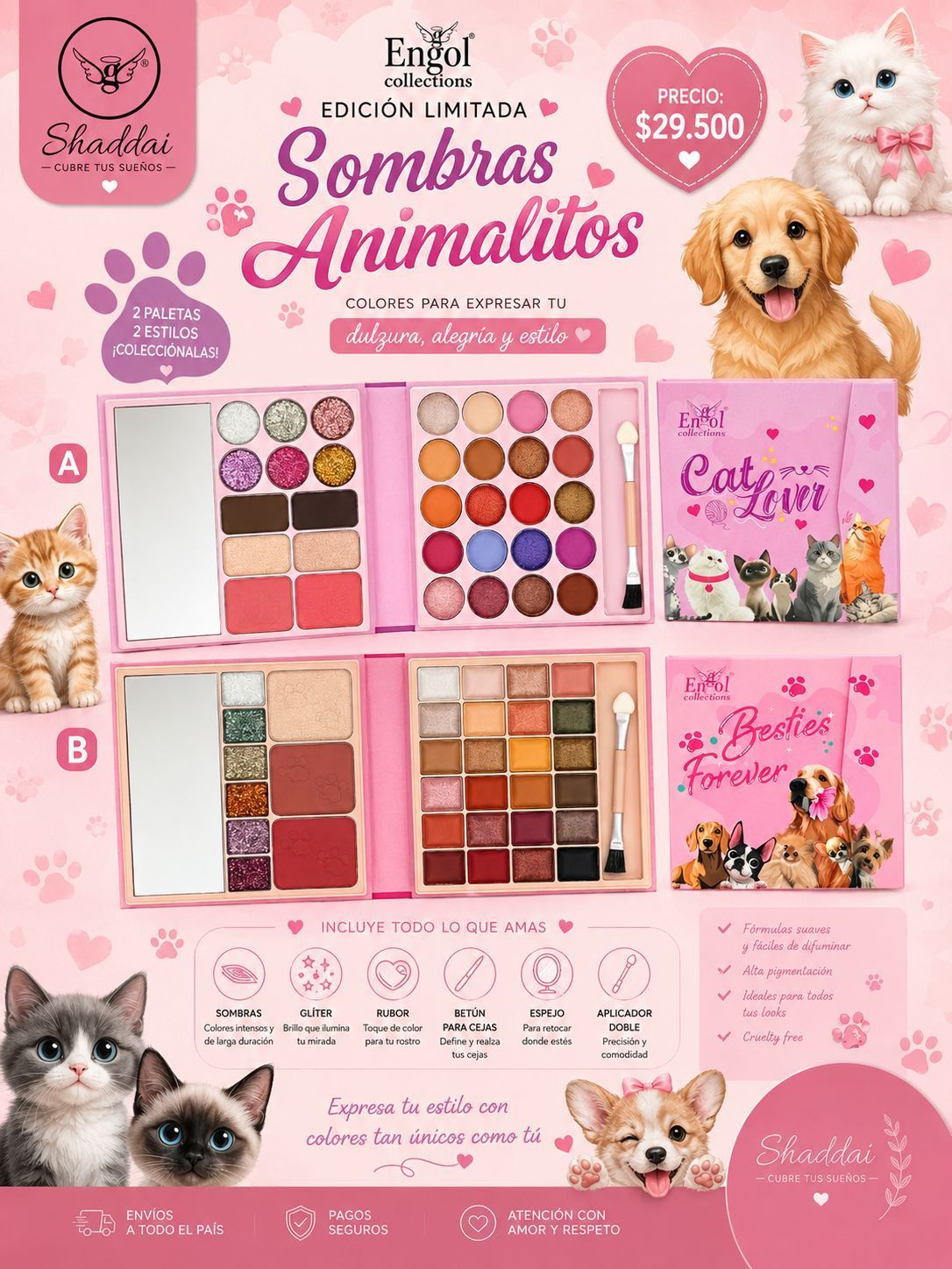 Paleta de maquillaje rosa con temática animal, con ilustraciones de perros y gatos, tonos y fotos del producto.