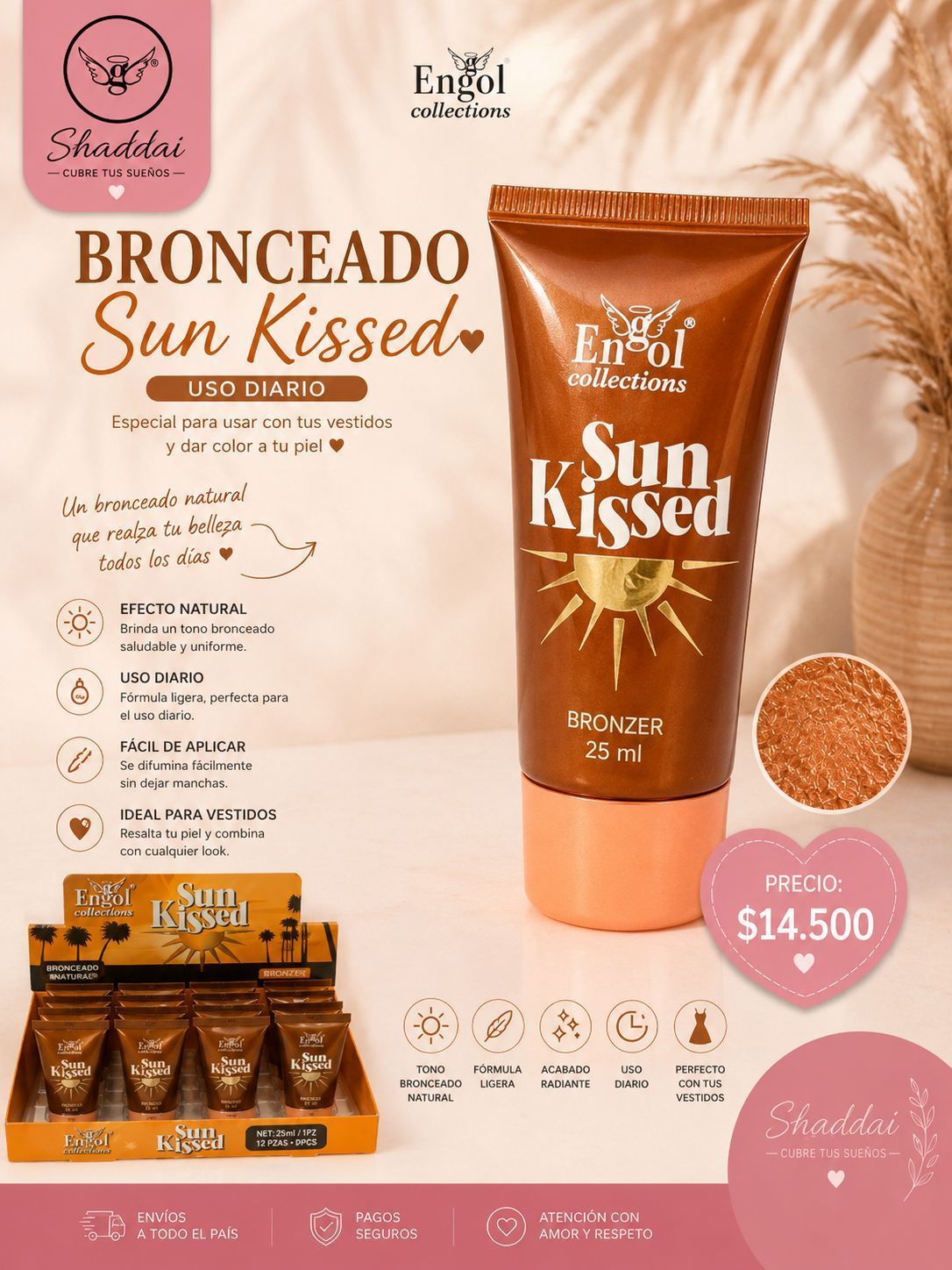 Anuncio de la loción bronceadora Bronceado Sun Kissed con tubo naranja, sobres y etiqueta de precio de $14.50 .