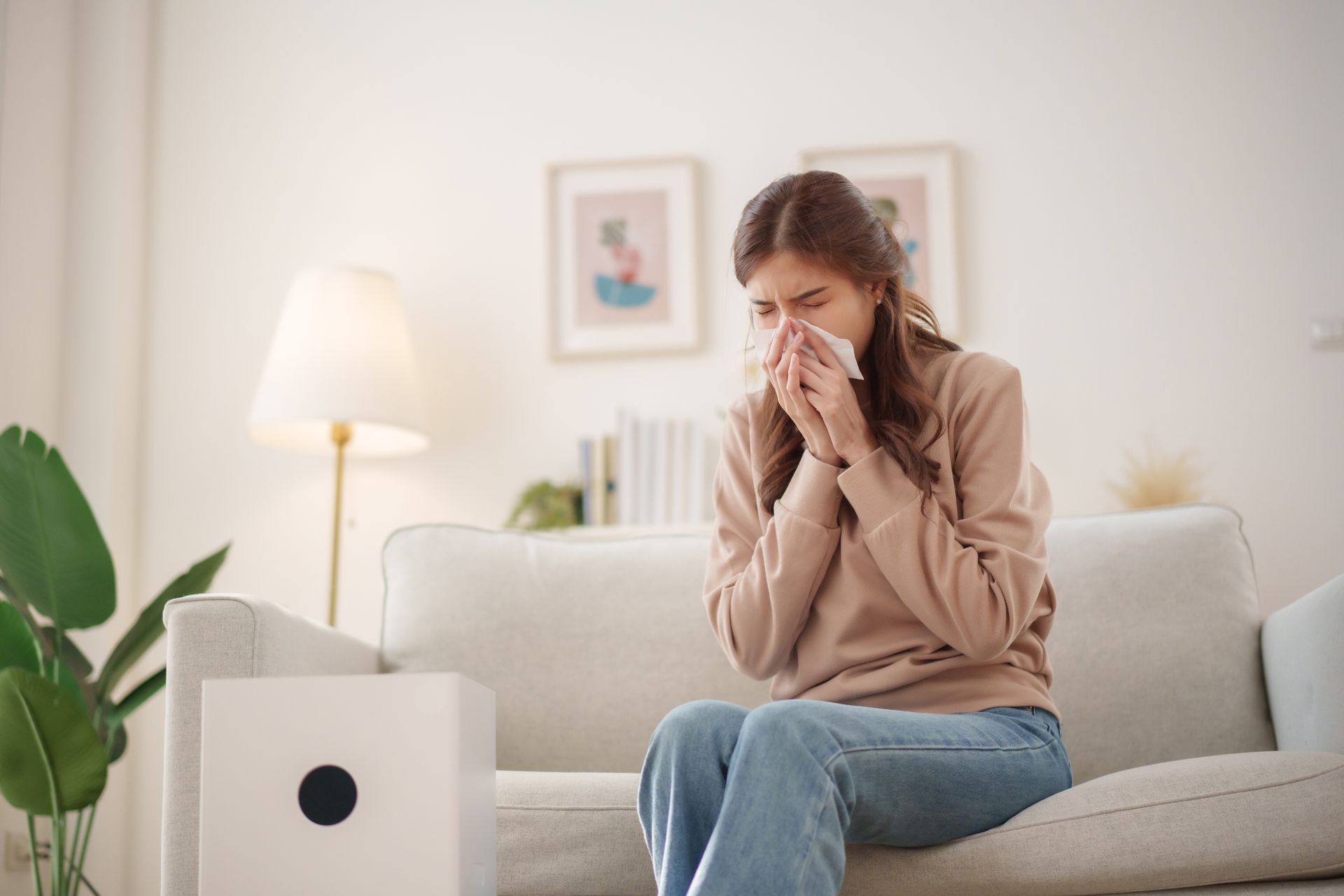 Woman on a couch in a bright living room, holding tissues and sneezing beside a lamp and houseplant