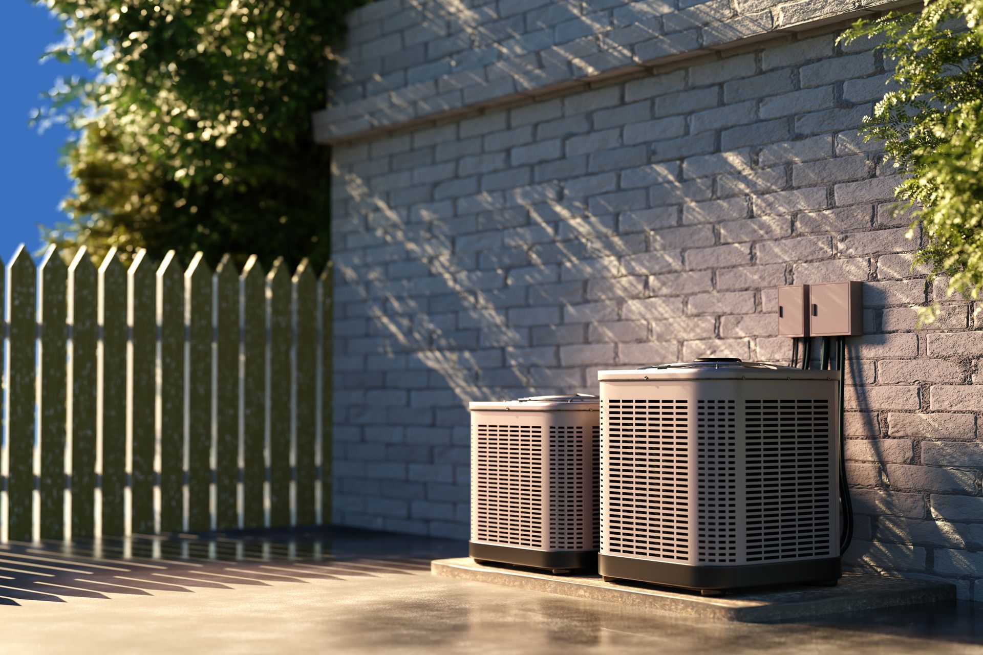 Two outdoor air conditioning units beside a white brick wall and wooden fence in sunlight