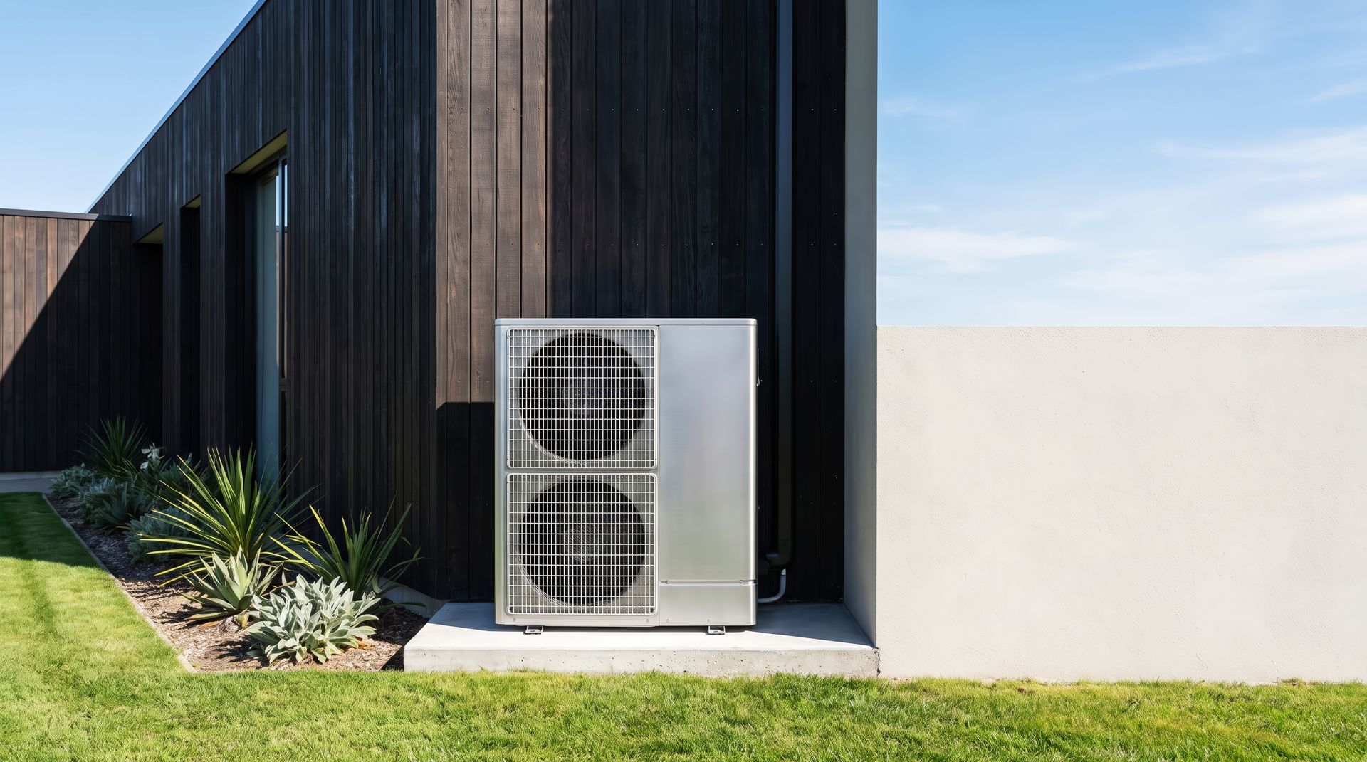 Row of rooftop HVAC units with large fans under bright sunlight, next to ductwork and a blue building