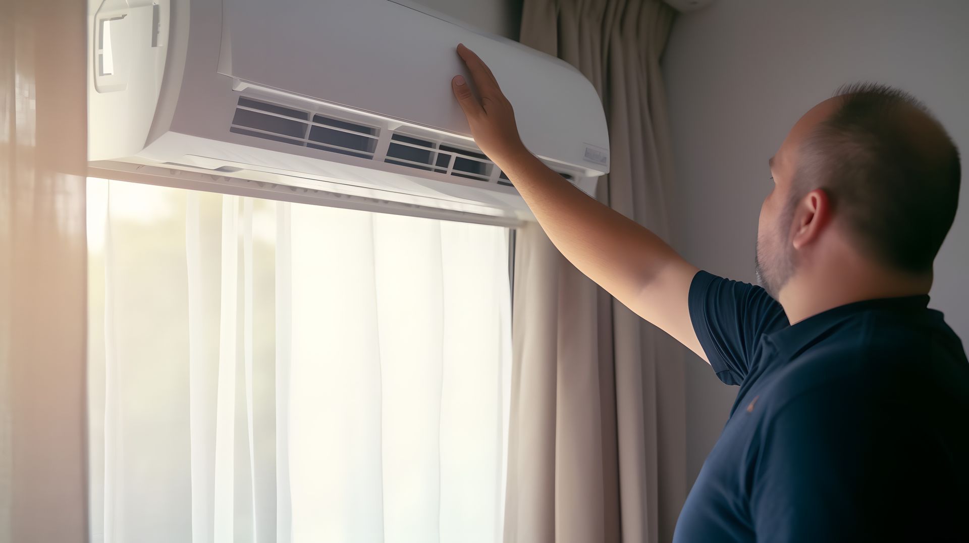 Man reaching up to adjust a wall-mounted air conditioner above a window with curtains