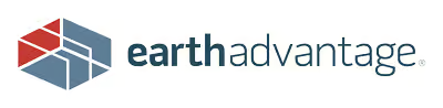 Earth Advantage logo with red and blue geometric roof icon and gray text
