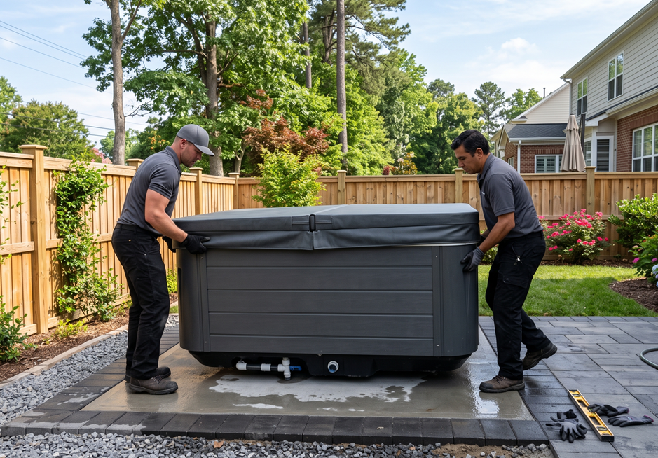 Hot tub installation near an outdoor deck area