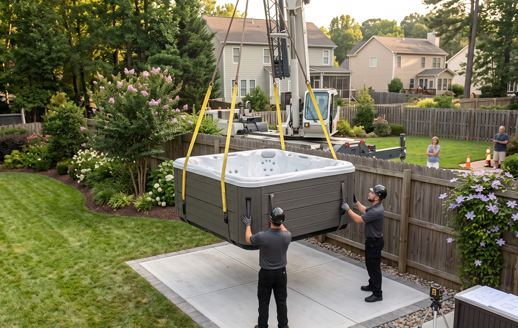 Residential hot tub transport project with access challenges