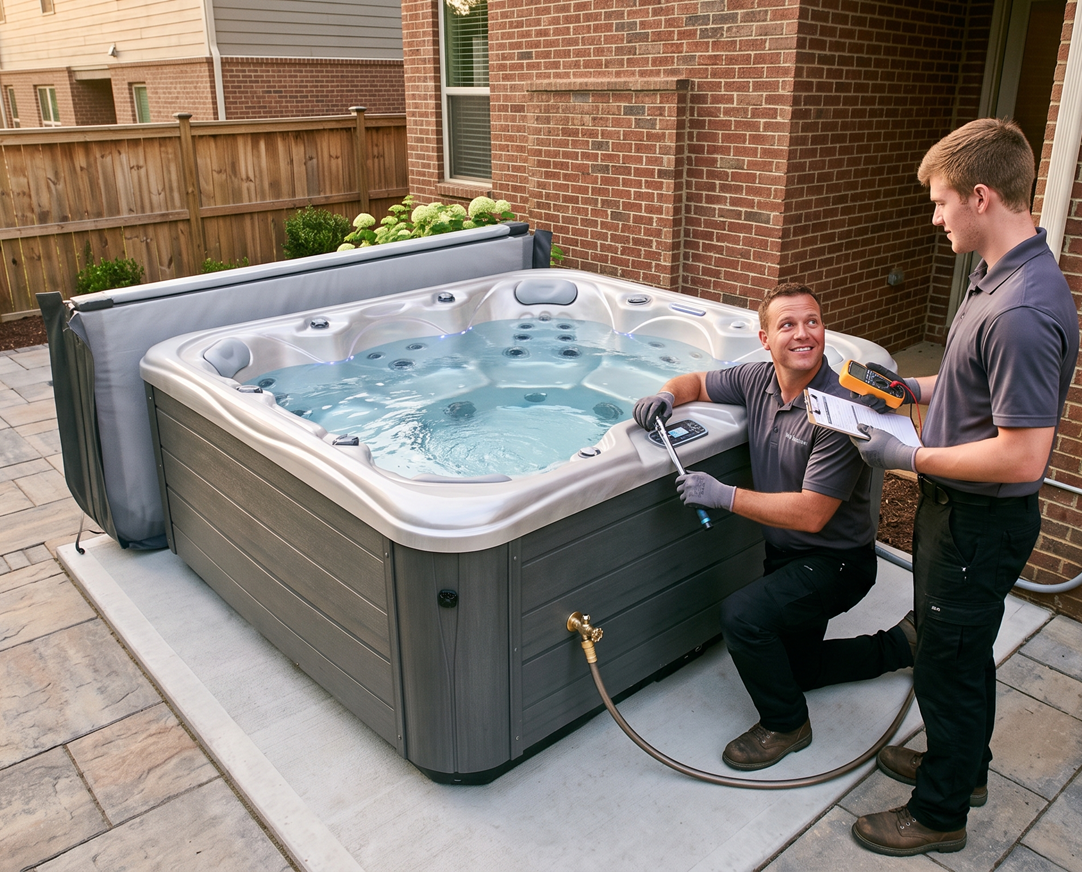 Crane lowering a hot tub into a fenced backyard