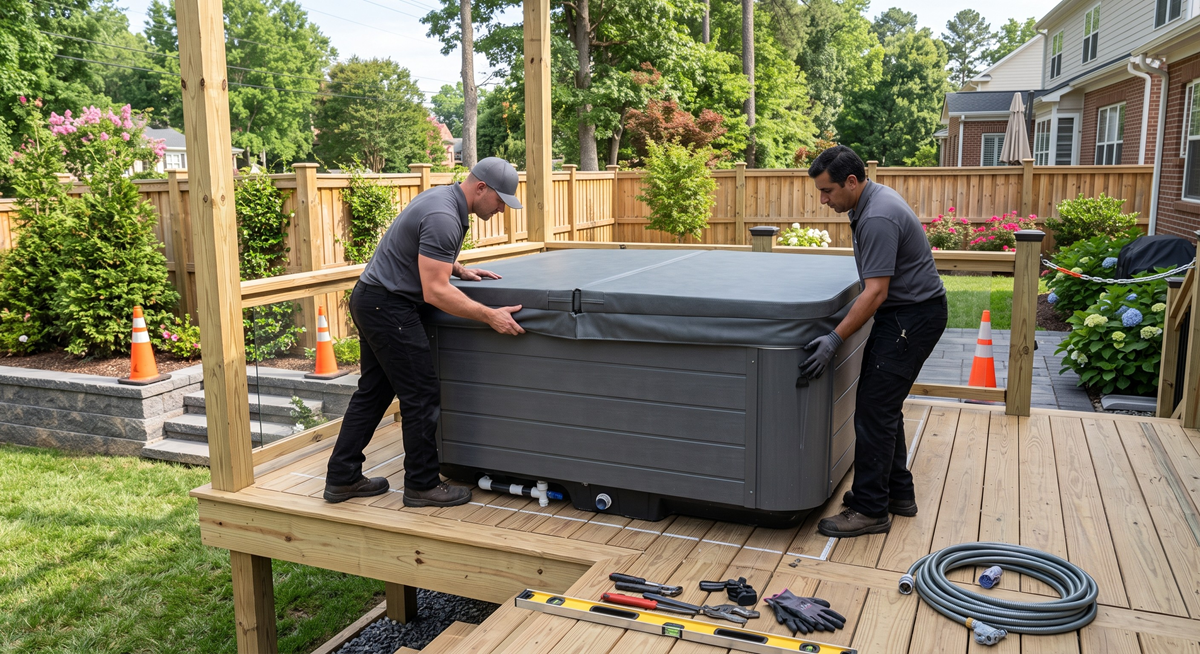 Professional spa movers handling oversized backyard installation