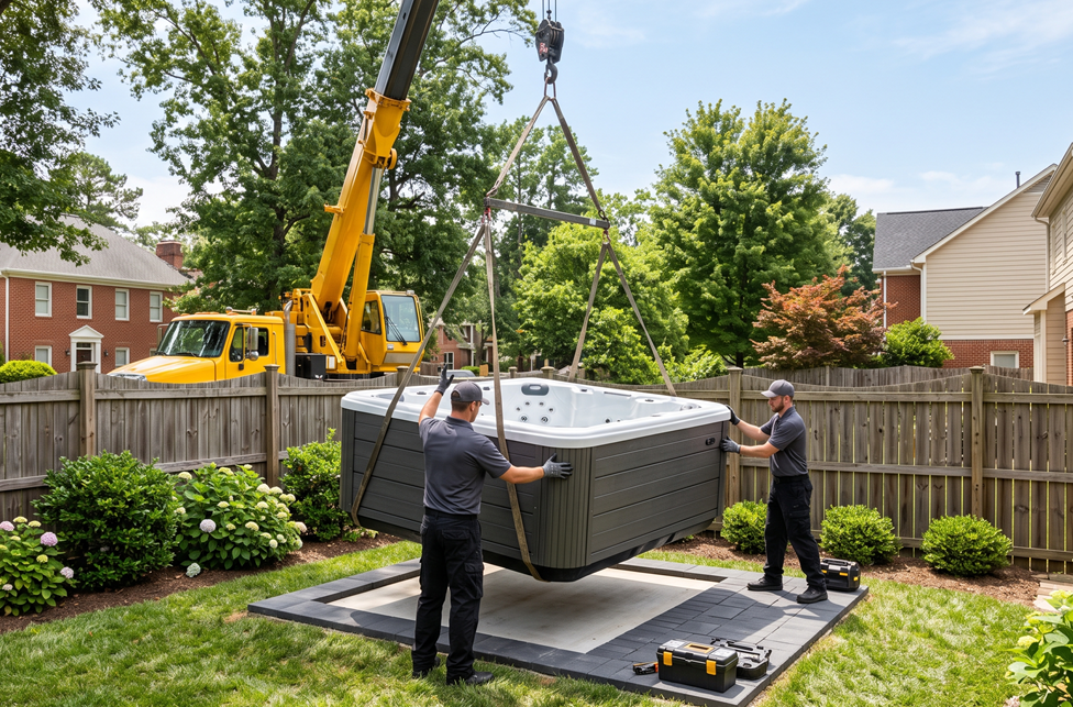 Hot tub crane lifting spa over a backyard fence in Raleigh