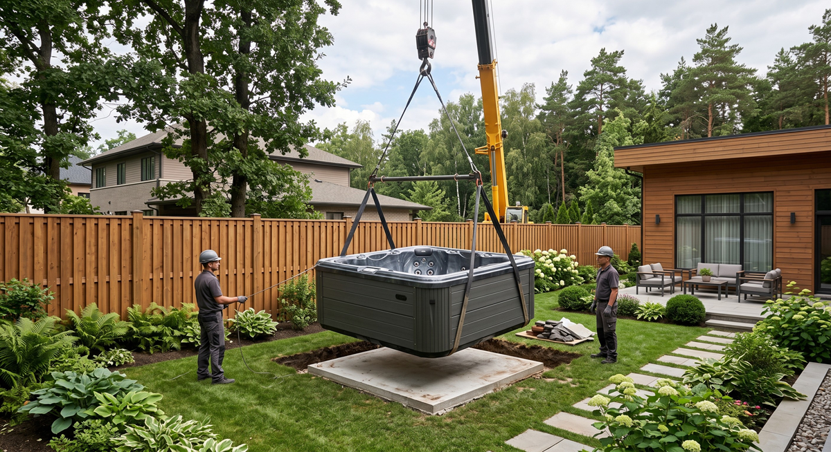 Local professionals positioning a hot tub in a backyard
