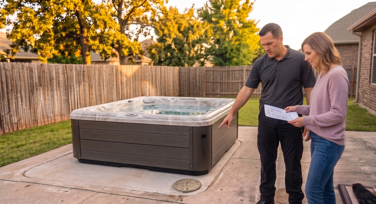 Service providers installing a spa beside a custom deck
