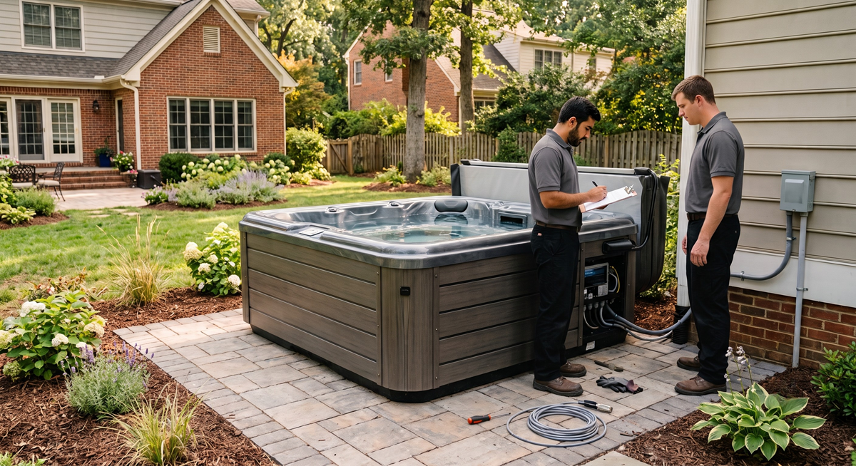 Hot tub installation beside a backyard patio in Raleigh