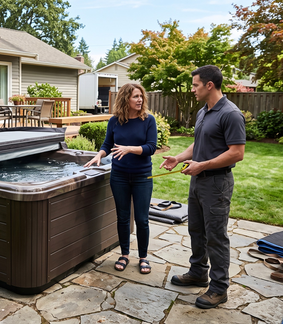 Local professionals securing a new spa in outdoor space
