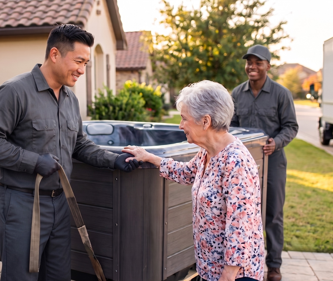 Backyard spa relocation with professional moving equipment