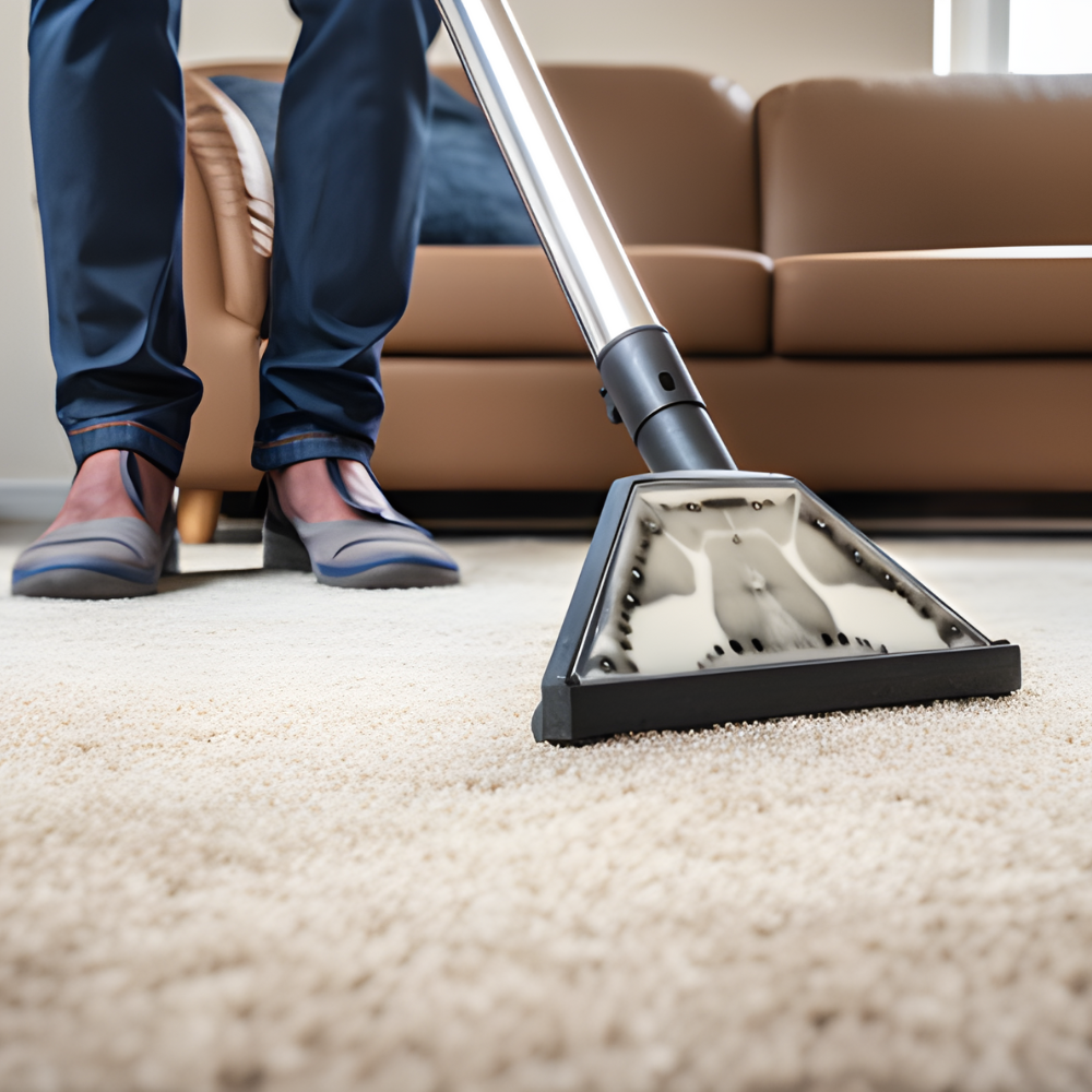 Person vacuuming a light-colored carpet with a vacuum cleaner in a living room.