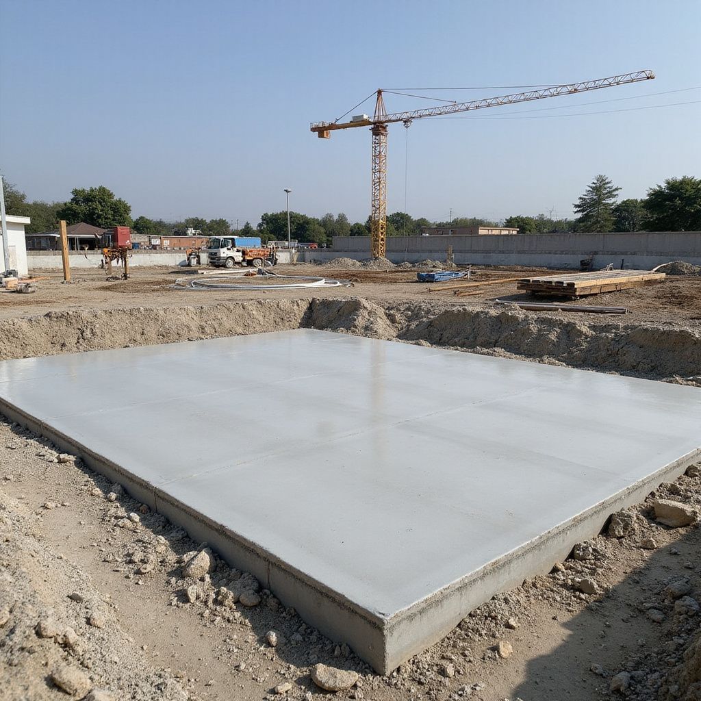 Construction site with concrete foundation and crane; outdoors, sunny day.