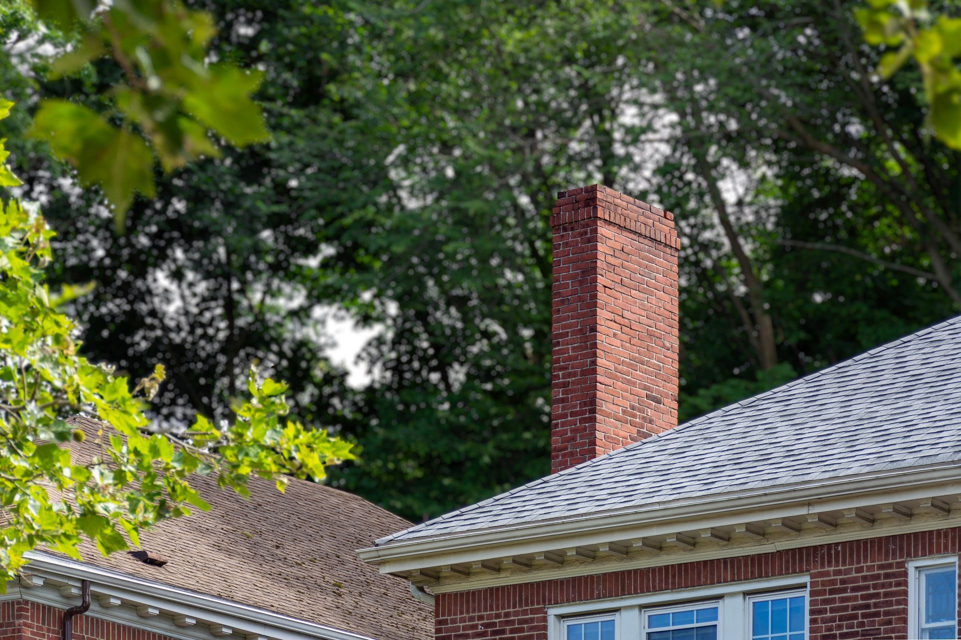 Brick house roof and chimney framed by green trees