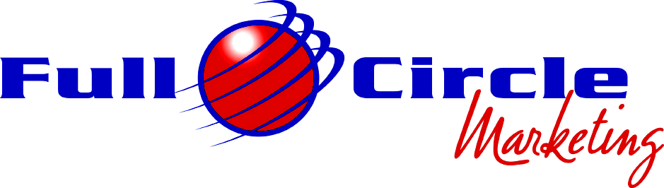 Full Circle Marketing logo with blue text, a red globe, and red cursive tagline