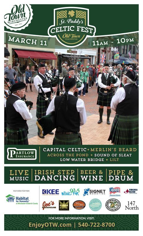 Celtic festival poster with bagpipers and dancers, March 11, 11am–10pm, green themed with sponsor logos