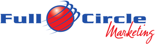 Full Circle Marketing logo with blue text, a red globe graphic, and red script lettering