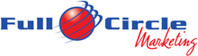 Full Circle Marketing logo with blue text, a red globe graphic, and red script lettering