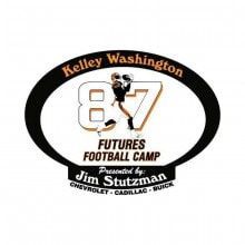 Kelley Washington 87 Futures Football Camp logo with a football player and sponsor text on white background