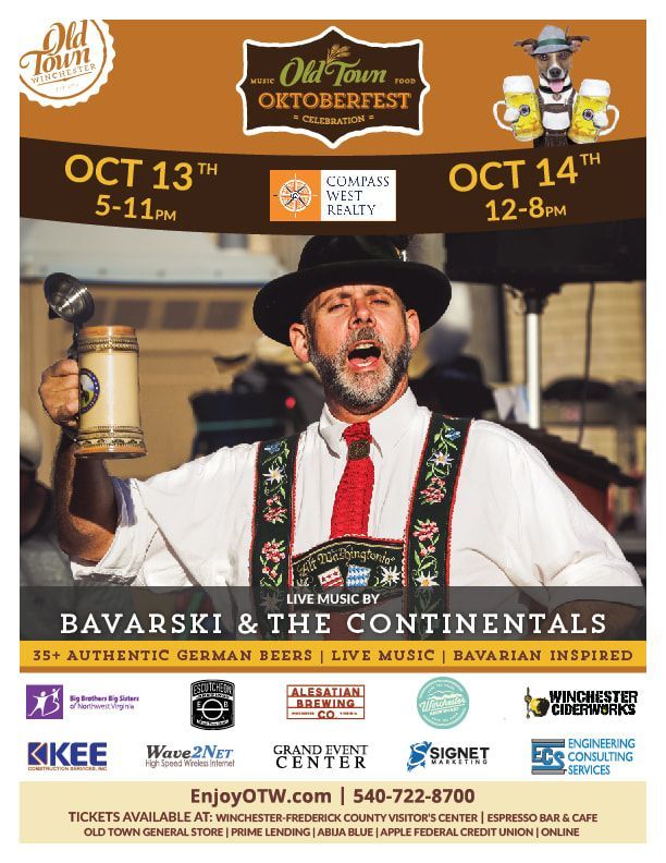 Oktoberfest poster with smiling singer in hat, dates Oct 13-14, Bavarski & The Continentals