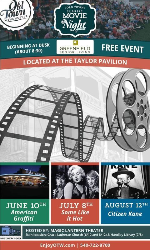 Old Town Movie Night flyer with film reel, roller coaster, and event dates at the Taylor Pavilion