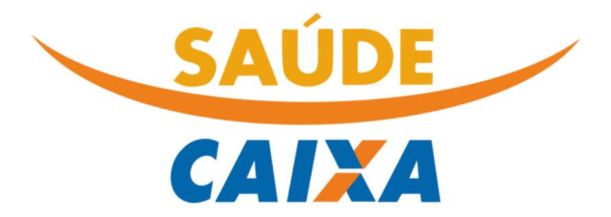 Logo da Saúde CAIXA em laranja e azul sobre fundo branco.