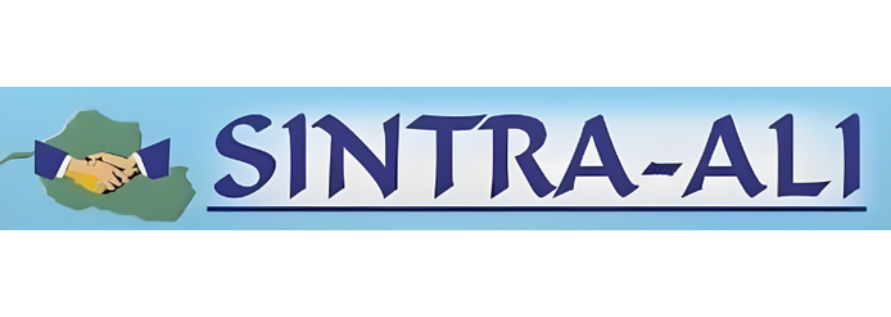 Logotipo da SINTRA-ALI com texto azul e ícone de aperto de mãos em uma faixa branca e azul-clara.