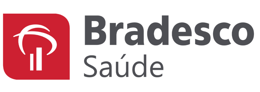 Logotipo do Bradesco Saúde com ícone vermelho e texto cinza sobre fundo branco.