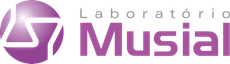 Logotipo roxo e branco do laboratório Musial com ícone estilizado 