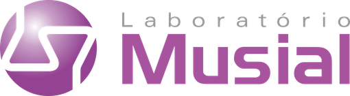 Logotipo roxo e branco do laboratório Musial com ícone estilizado 