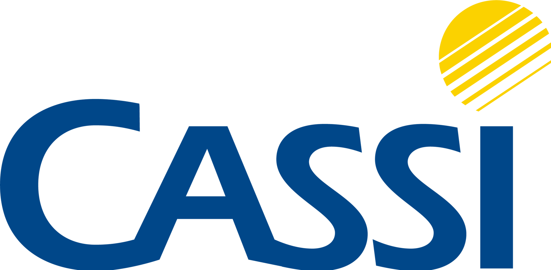 Logotipo da CASSI em azul com um círculo listrado amarelo acima das letras finais.