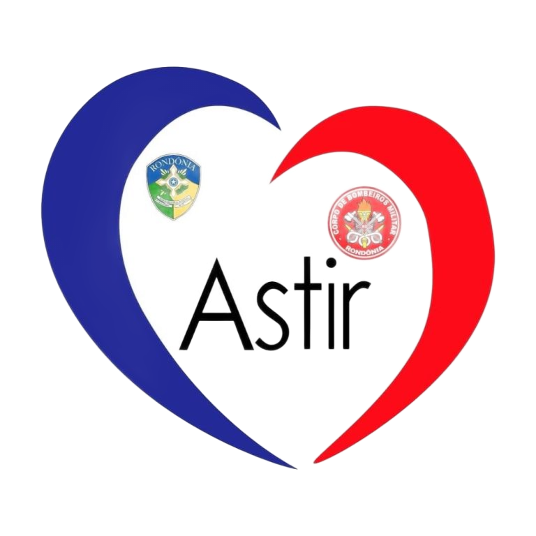 Logotipo da Astir com corações azuis e vermelhos e dois pequenos emblemas acima do texto.