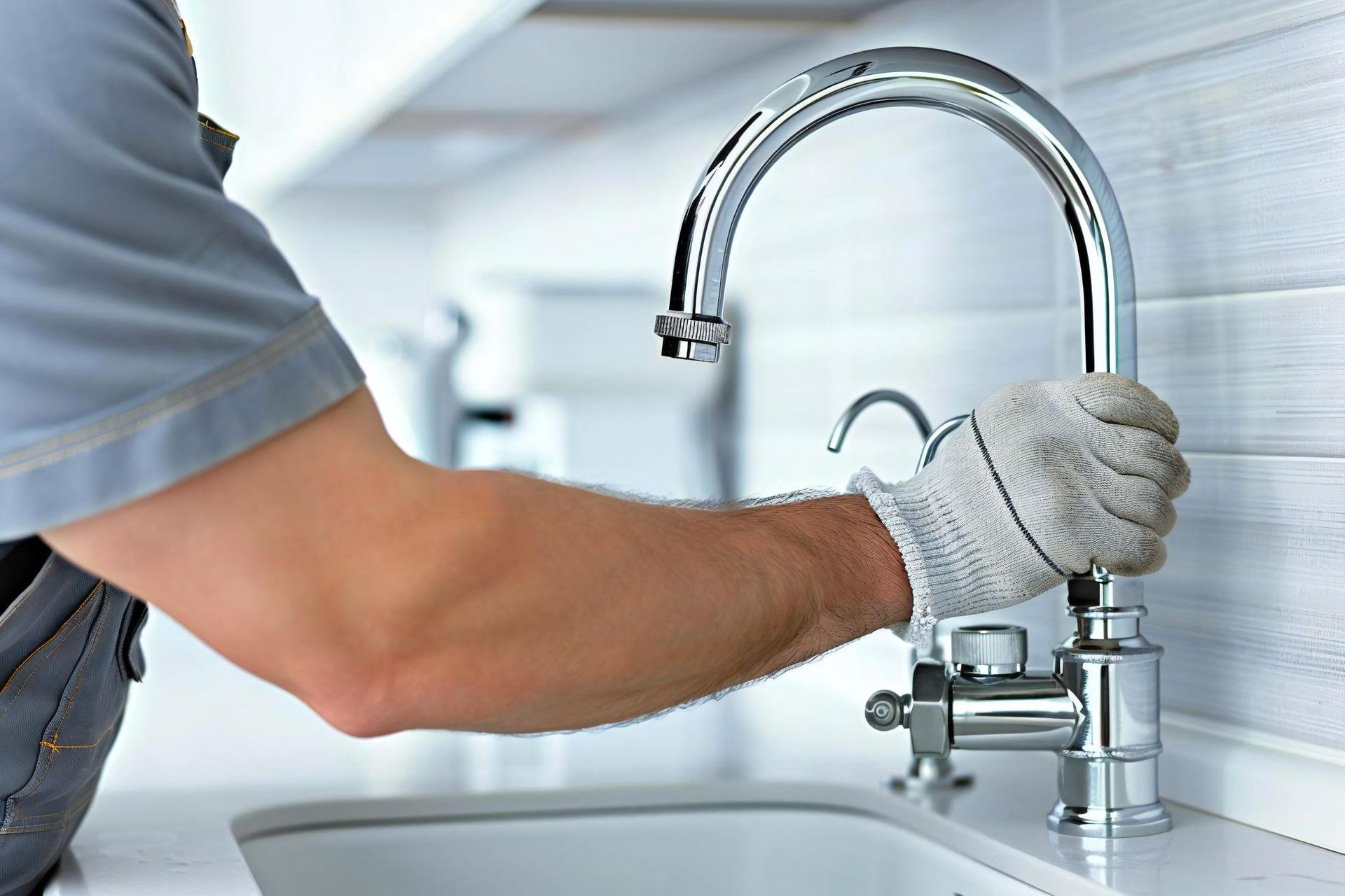 A man is fixing a faucet in a kitchen.