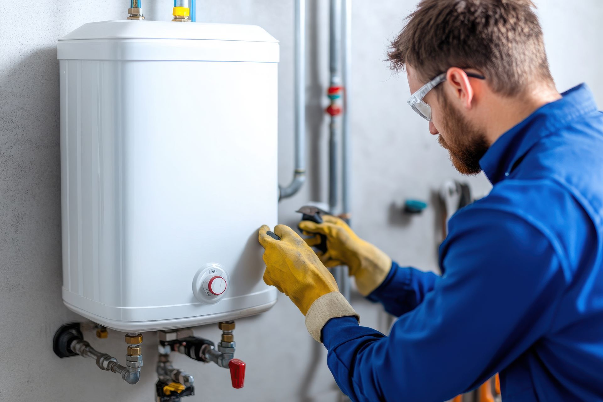 A man is fixing a water heater on the wall.