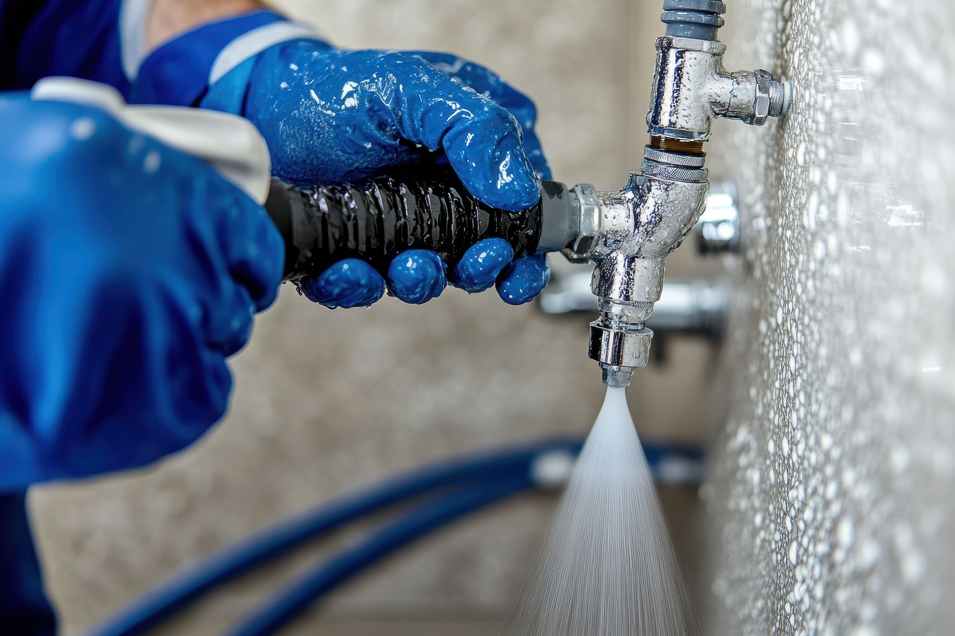 A person wearing blue gloves is spraying water on a pipe.