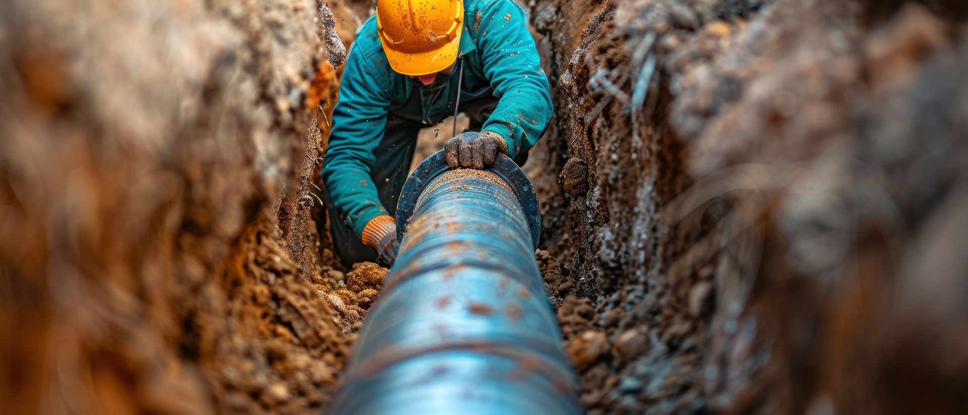 A man is working on a pipe in the dirt.
