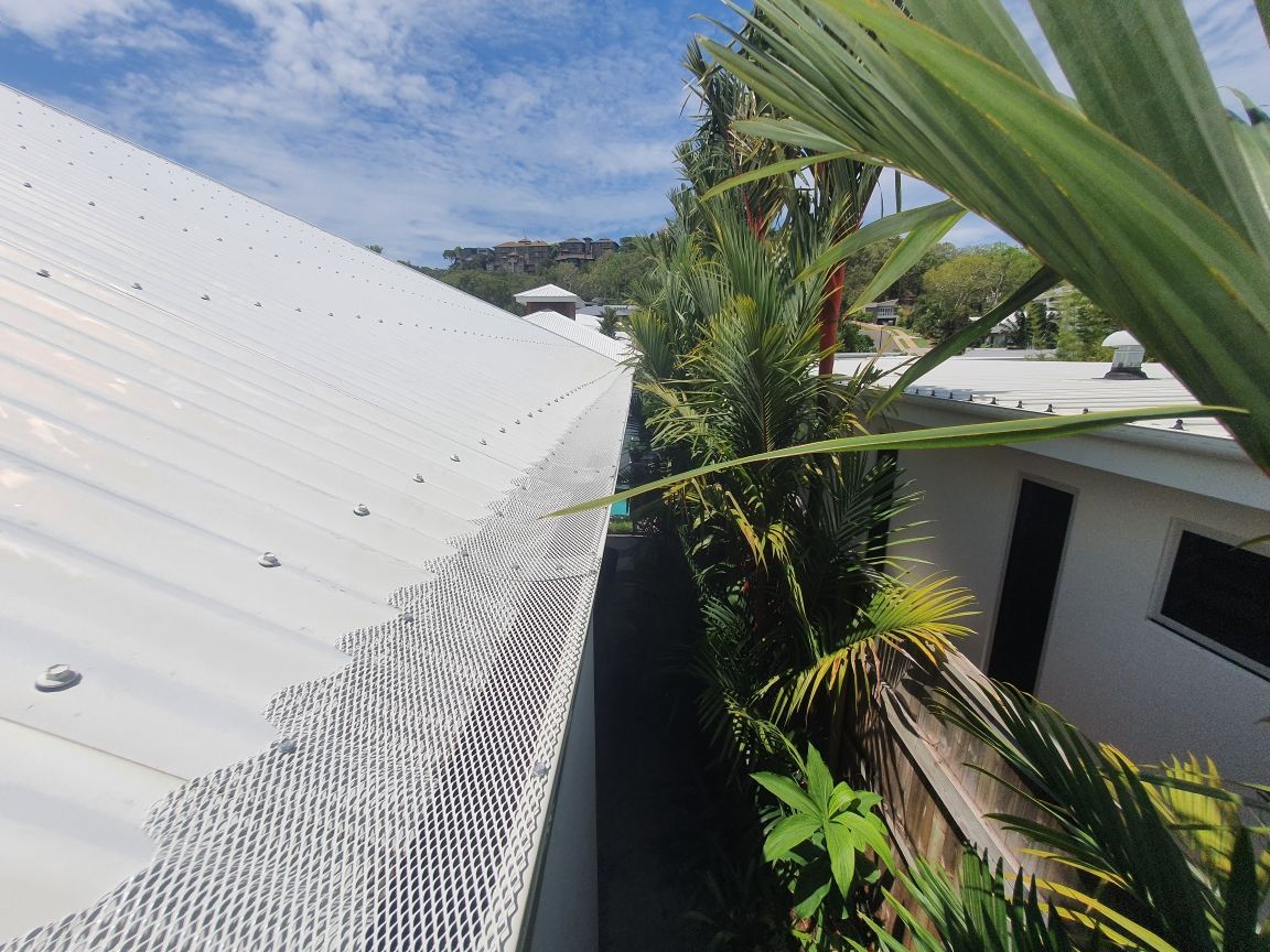 A Roof With A Mesh Covering Is Surrounded By Trees And Dirt — All-Clear Gutter Guard NQ in Cairns, QLD