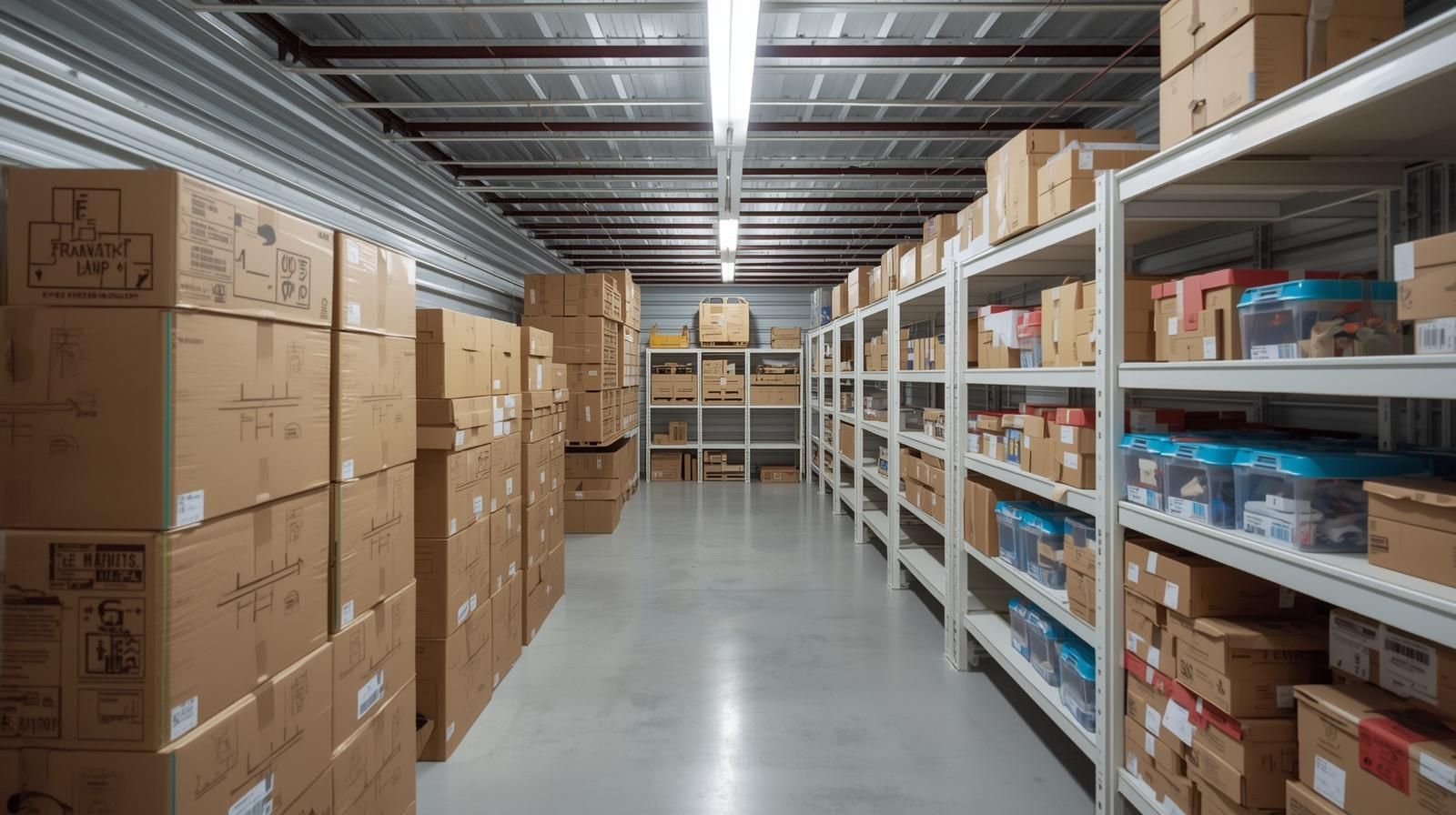 Climate-controlled storage unit with organized boxes and shelving in North Carolina