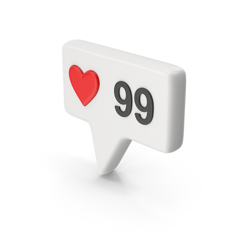 A speech bubble with a heart and the number 99 on it.