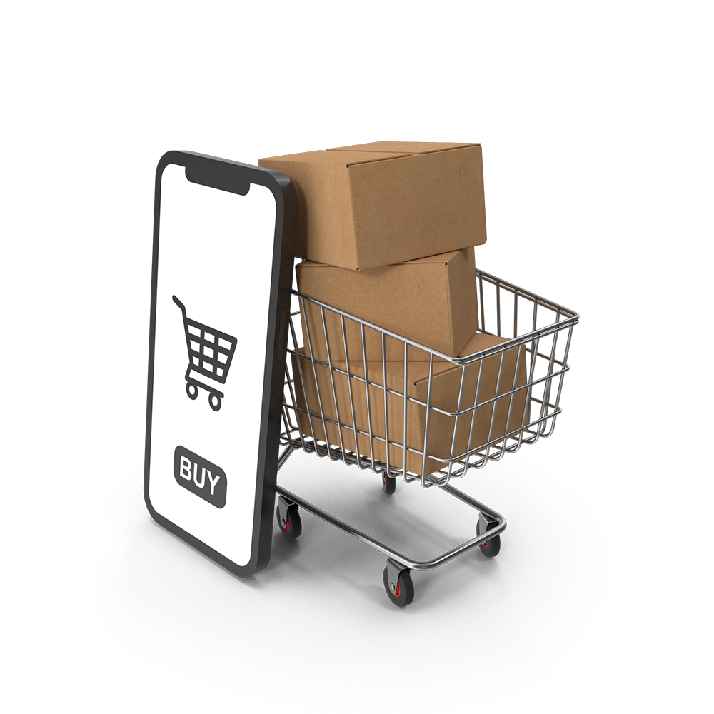 A shopping cart filled with boxes next to a cell phone.